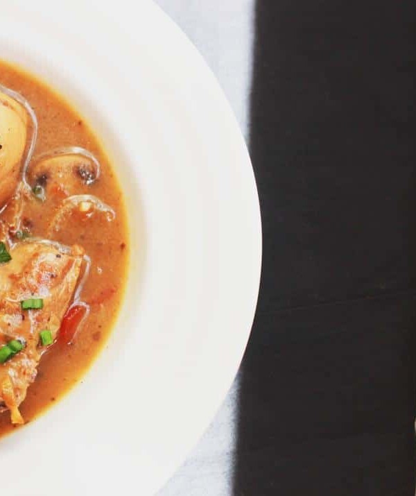 A picture of Chicken Stew served in a white bowl.