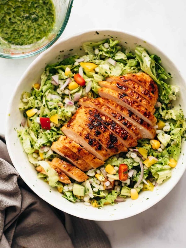 Barley Chicken Salad served in a grey bowl ready to eat