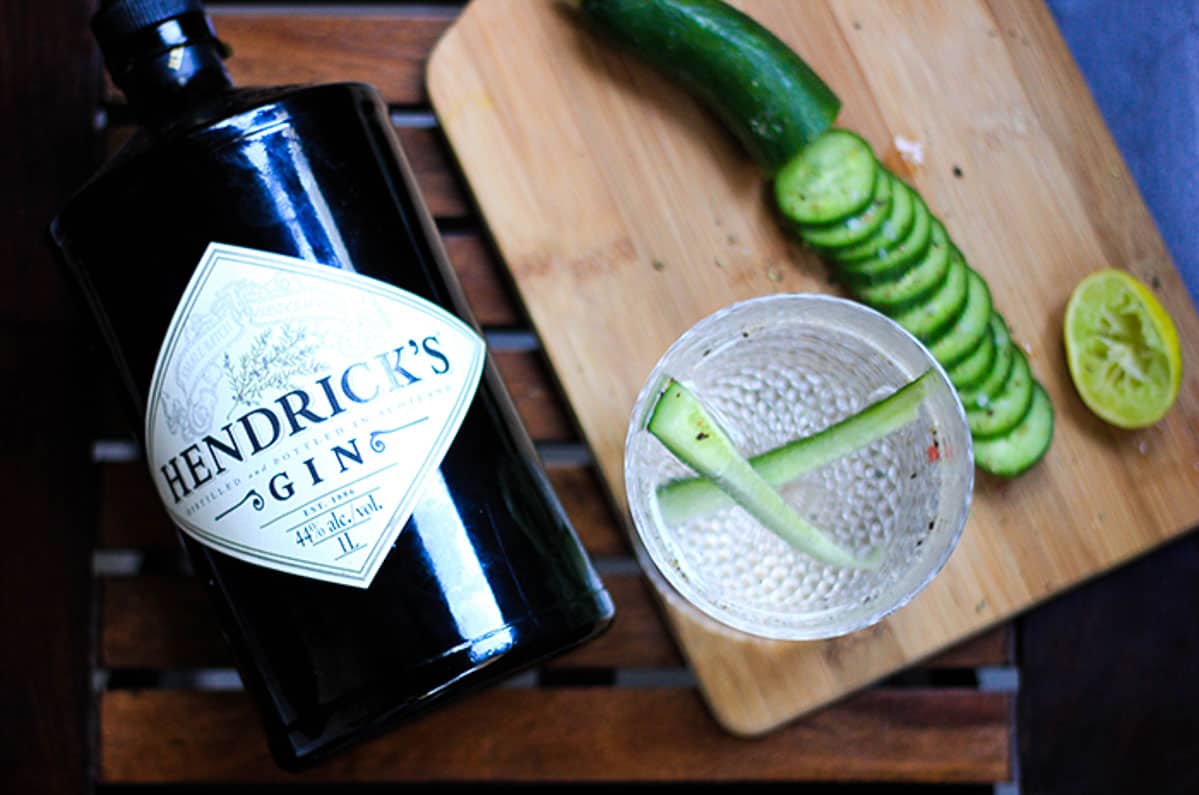 A picture of the ingredients for Sparkling Cucumber Chili Gin.
