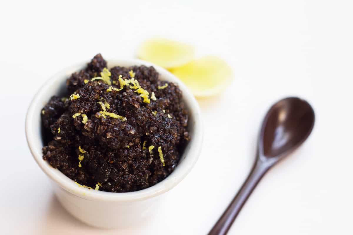 A picture of DIY Homemade Coffee Scrub in a white bowl.