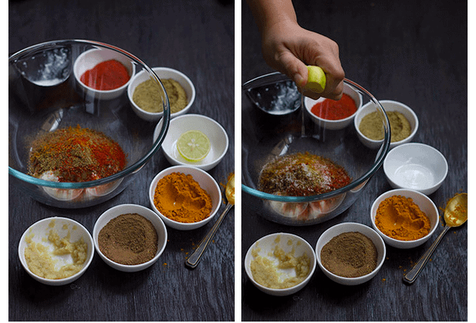 image collage showing prawns being marinated