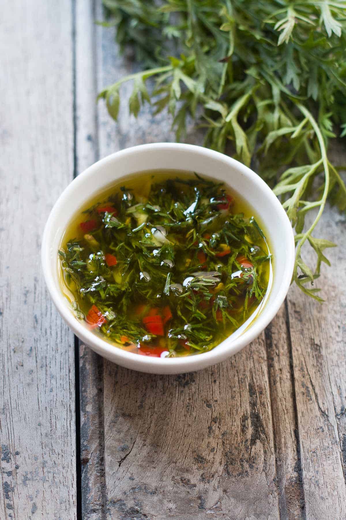 Chimichurri made of carrot greens instead of traditional parsley.