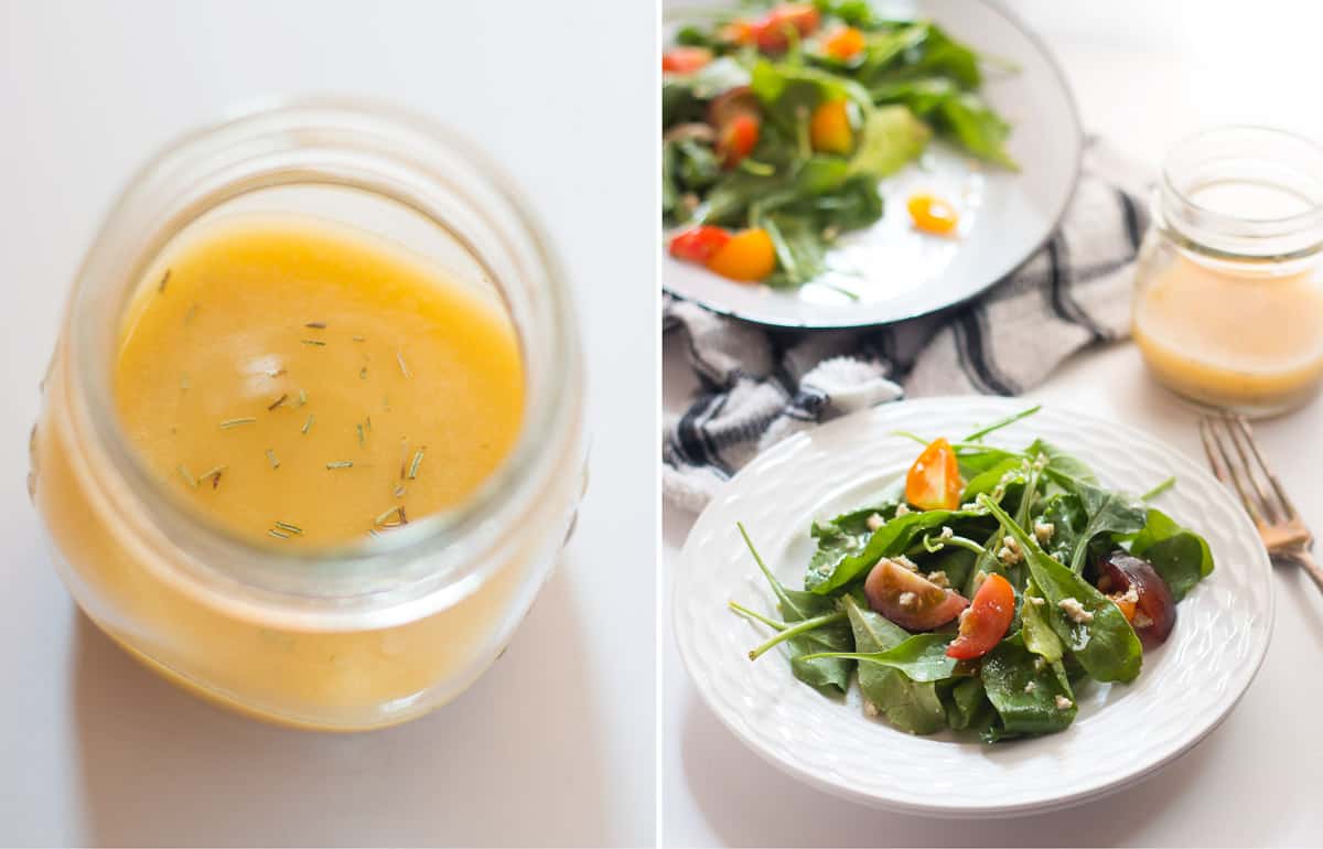 A collage of the Spinach Tomato and Tofu salad with the roasted garlic dressing that brings out the best flavors.