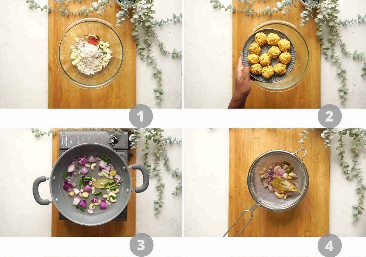 Step by step picture collage showing how to make Palak Paneer Kofta