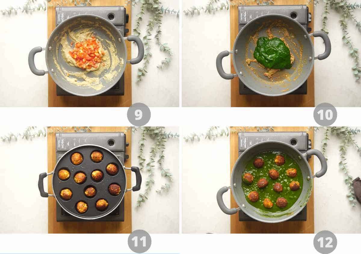Step by step picture collage showing how to make Palak Paneer Kofta