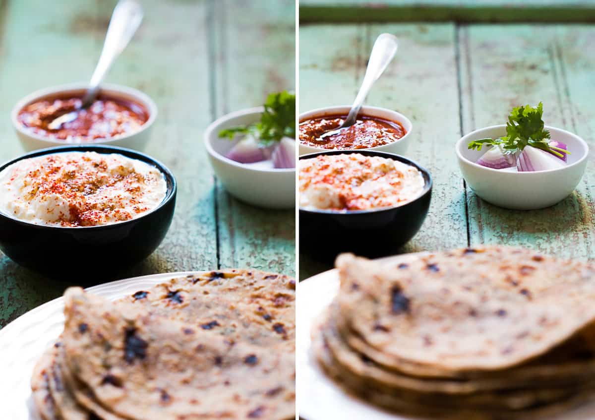 Kasuri Methi Parathas served with flavored curds, onions and some good ol' pickle!