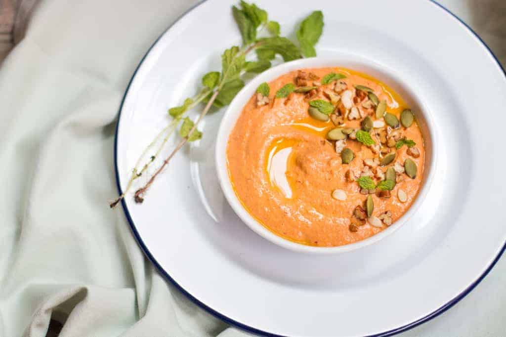 lebanese pecan red pepper dip garnished with pumpkin seeds served in a white bowl on a white plate
