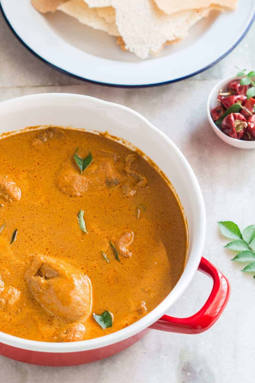 Mangalorean chicken in a red vessel