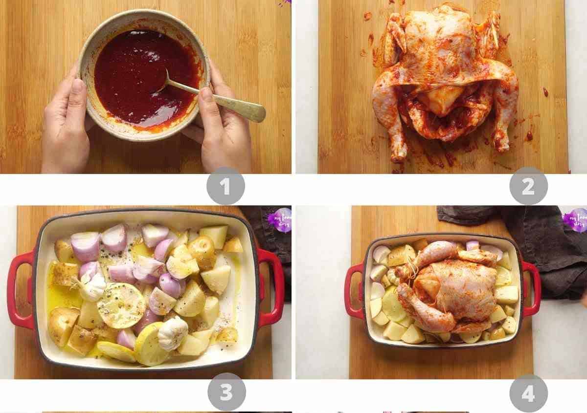 Step by step picture collage showing how to make Indian roast chicken