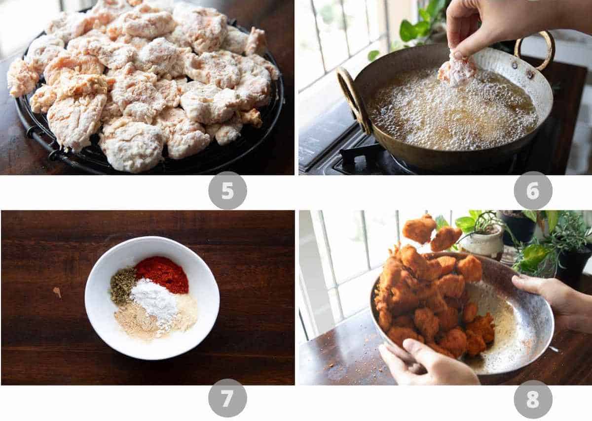 step by step image collage showing how to make kfc style popcorn chicken