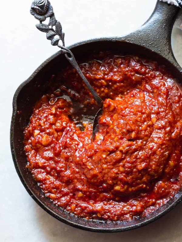 The fiery hot homemade Schezwan sauce.