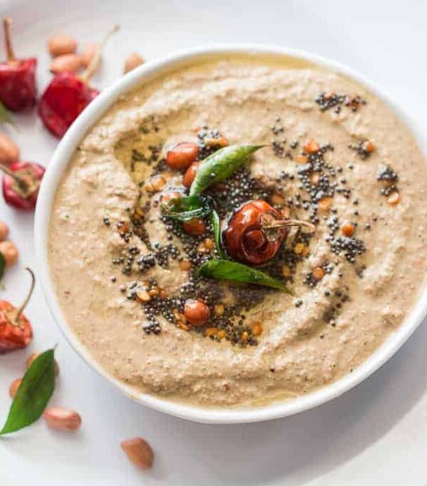 Indian Style No Coconut Peanut Chutney served in a white bowl.