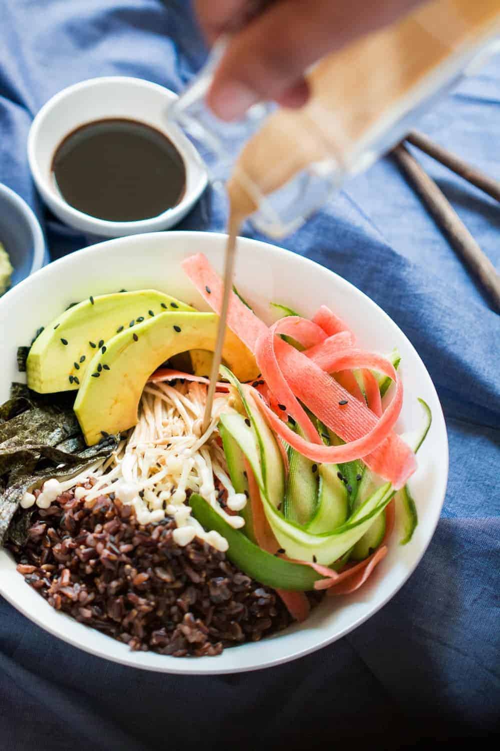 veg sushi in a white bowl