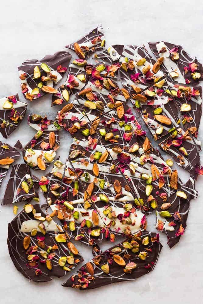 5 Ingredient White and Dark Chocolate Rose Pistachio Bark White and Dark Chocolate Rose Pistachio Bark looks beautiful and complicated but takes a total of 5 ingredients, 20 minutes and 5 steps to make. Also perfect for homemade gifting!