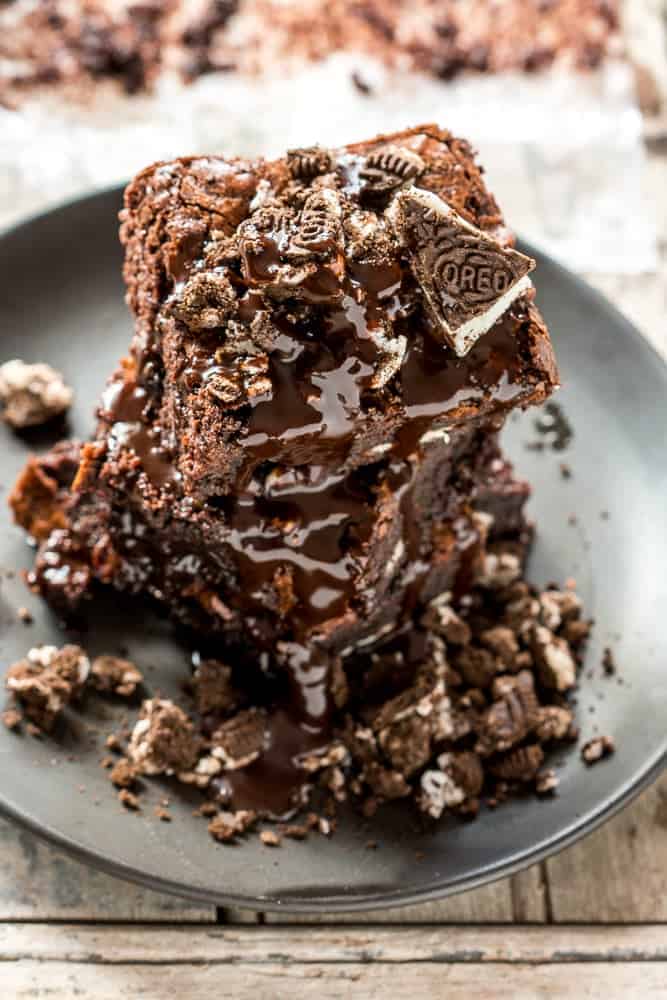 Oreo Stuffed Fudge Double Chocolate Brownies These brownies are everything you want in life - stuffed with oreos, super fudgy, double chocolate and Fool Proof every time! They remind me of cookies and cream brownies, but even better. And you won't believe how easy they are to make!