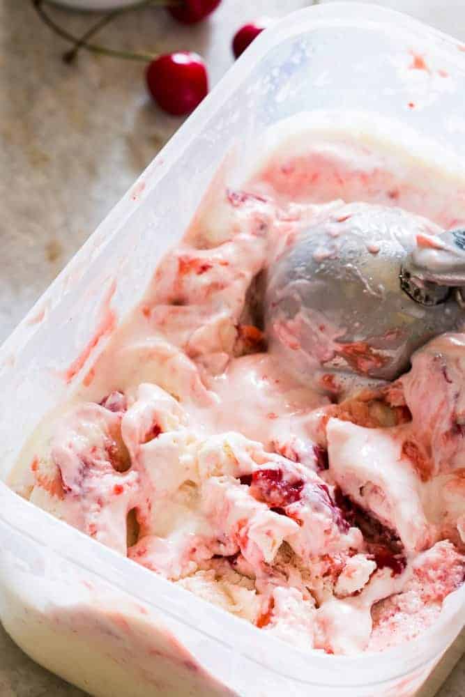 lychee cherry swirl icecream in a tub