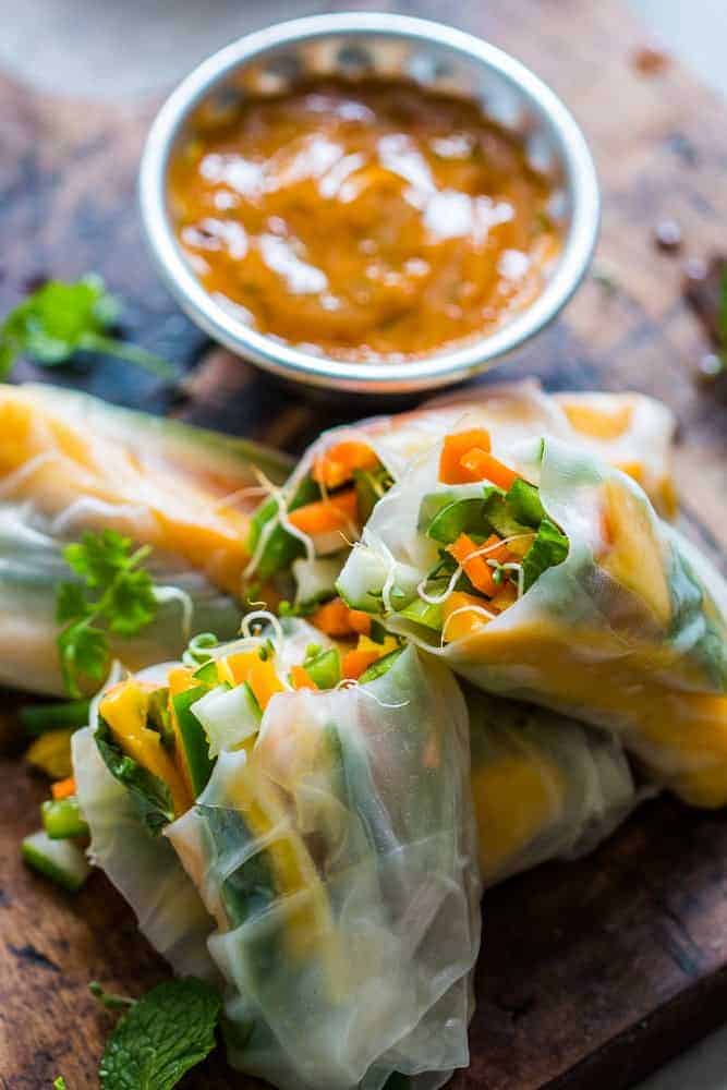 Mango Bell Pepper Rice Paper Rolls + Mango Cilantro Dipping Sauce These mango bell pepper rice paper rolls are the perfect summer food! They are stuffed with lots of amazing veggies and come with an insanely delicious mango cilantro dipping sauce! These are naturally gluten free, vegan and low carb!