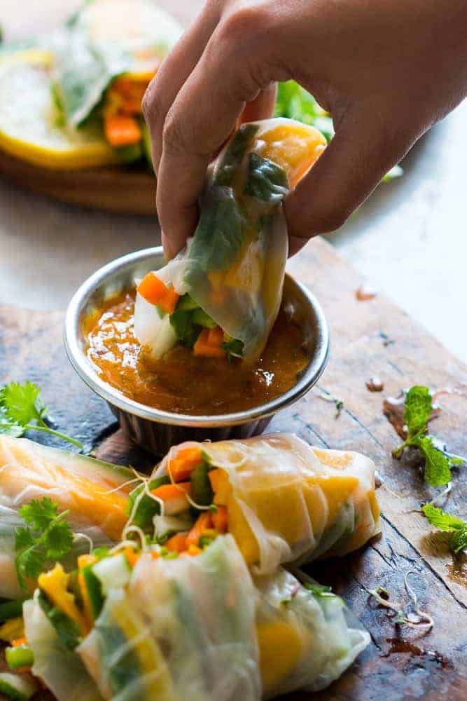 Mango Bell Pepper Rice Paper Rolls + Mango Cilantro Dipping Sauce These mango bell pepper rice paper rolls are the perfect summer food! They are stuffed with lots of amazing veggies and come with an insanely delicious mango cilantro dipping sauce! These are naturally gluten free, vegan and low carb!