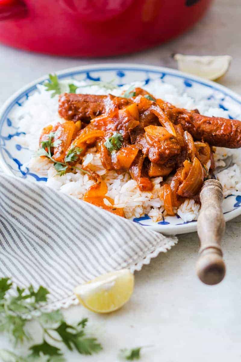 One Pot Curried Sausages and Potatoes Insanely delicious and super easy recipe for curried sausages and potatoes which needs only one pot and is ready in under 30 minutes!