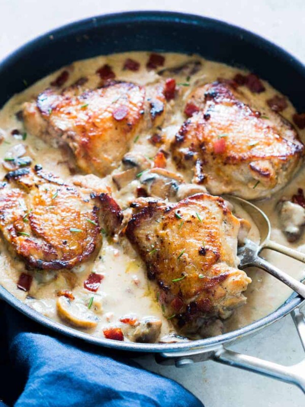 Creamy Bacon Rosemary Mushroom Chicken Thighs in one pan.