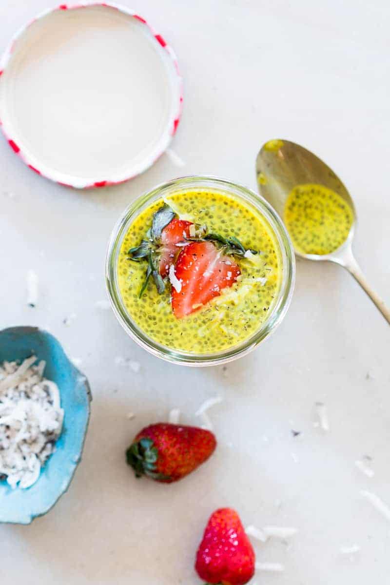 Get the anti-inflammatory benefits of turmeric and the health benefits of chia seeds, a super food in this delicious, creamy golden turmeric milk chia seed pudding. This is super breakfast!