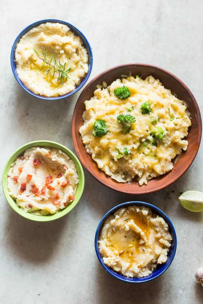 How to make the best slow cooker mashed potatoes + 4 add ins (broccoli and cheddar, bacon, brown butter and garlic and rosemary and lemon) for thanksgiving and christmas sides.