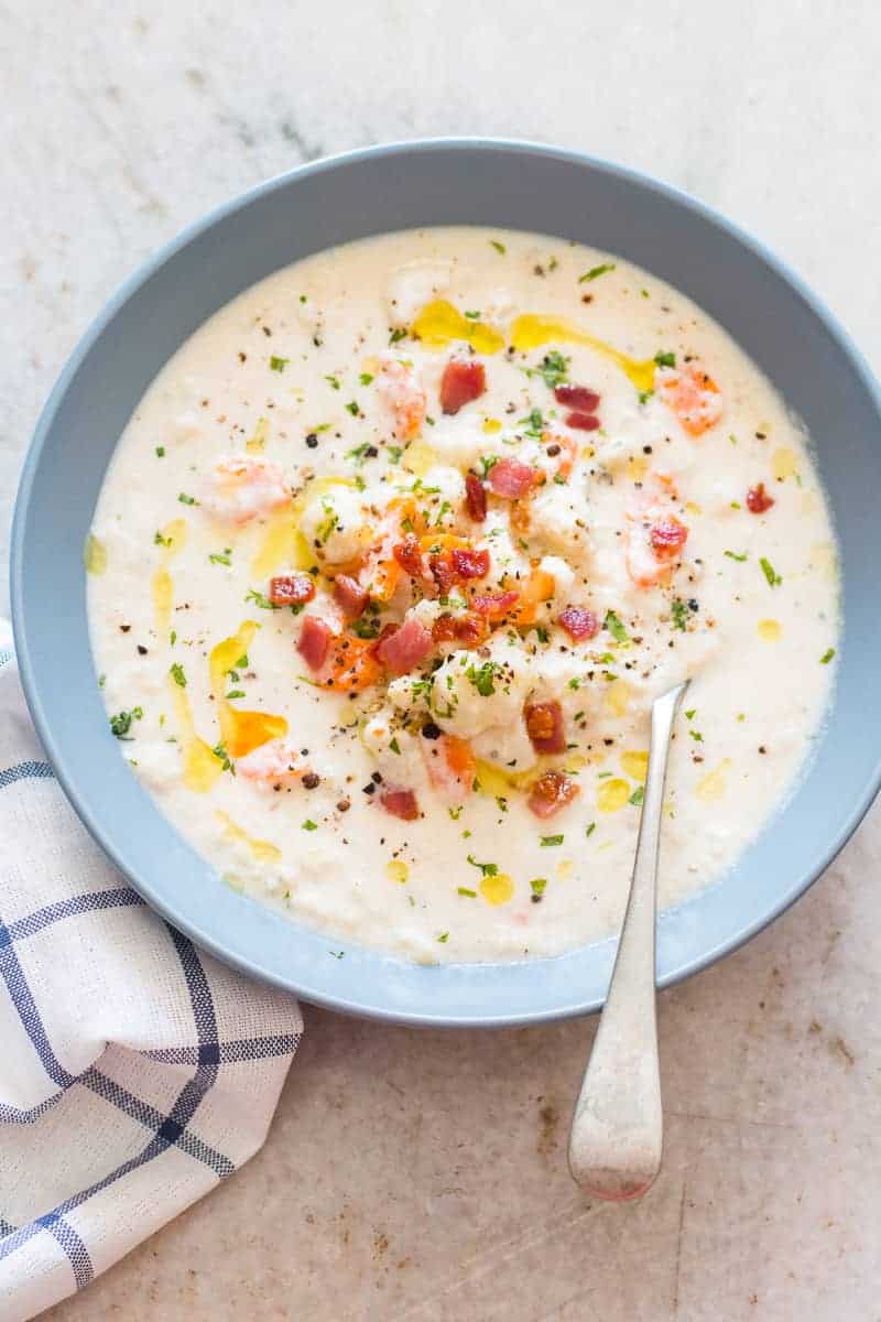 Creamy Cauliflower Chowder is a healthy, easy, comfort food recipe and ready in under 30 minutes. It's gluten free, low carb and keto friendly.