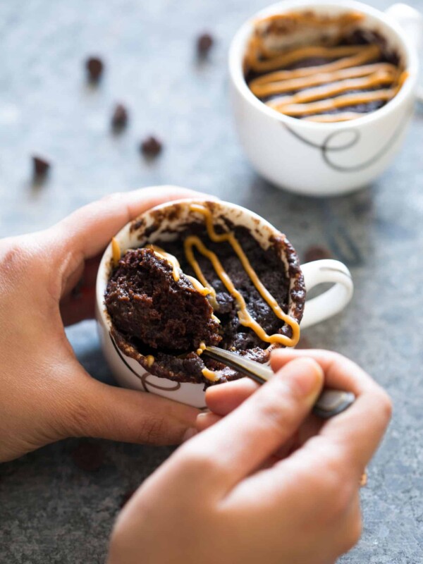 Stealing a bite from the mug cake.