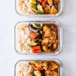 Teriyaki Chicken Stir Fry Meal Prep Lunch Boxes packed in glass containers.