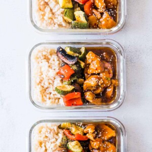 Teriyaki Chicken Stir Fry Meal Prep Lunch Boxes packed in glass containers.