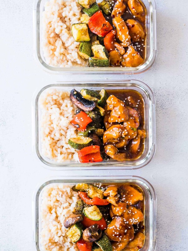 Teriyaki Chicken Stir Fry Meal Prep Lunch Boxes packed in glass containers.