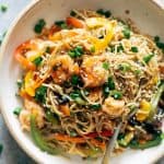 Shrimp Chow Mein served in a white bowl.