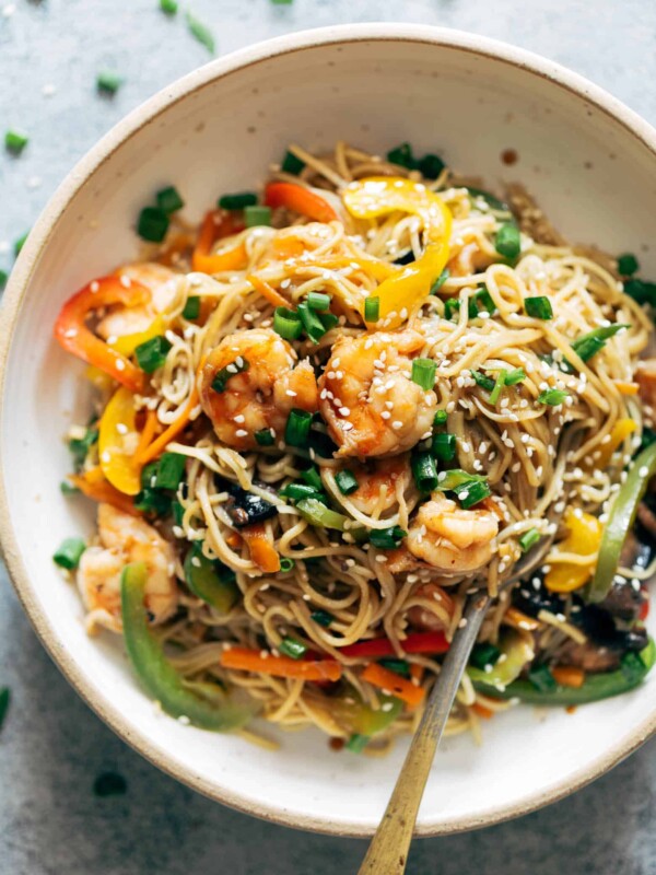 Shrimp Chow Mein served in a white bowl.