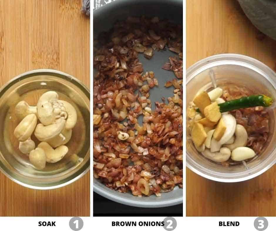 Step by step pictures to show how to make the brown onion base for mughlai chicken