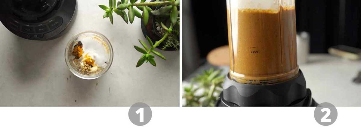 Step by step picture collage showing how to grind the curry paste