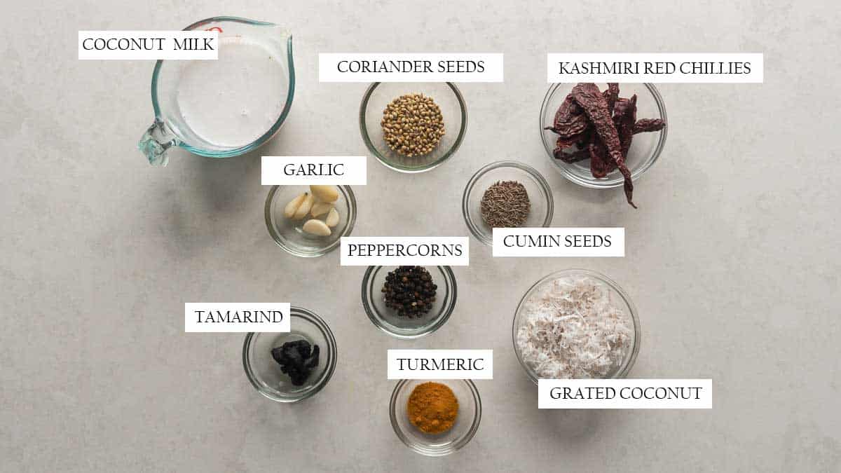 Ingredients for the prawn curry ground masala paste pictured on a white background with text to identify them