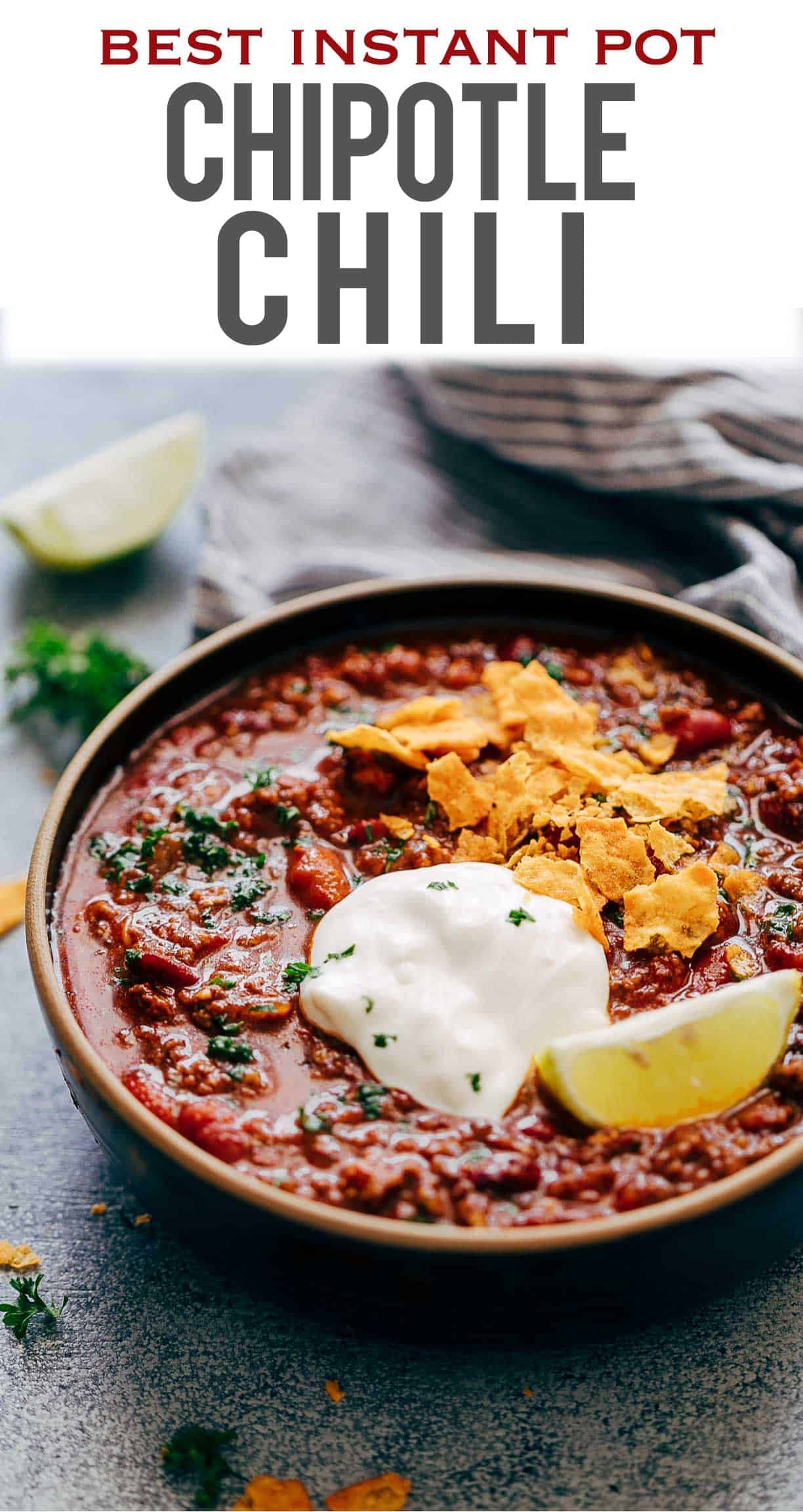 Instant Pot Chipotle Chili (Pressure Cooker recipe) is the easiest & fastest way to homemade chili. Spicy, thick, made with ground beef, chipotle peppers and dried beans, this chili does not taste like soup and is the perfect one pot meal for your families dinner. Comfort Food at its best!