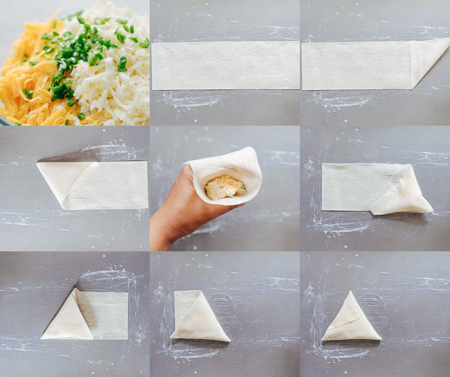 Super cheesy jalapeno three cheese samosas are sure to become a favourite because who can resist gooey stringy cheese stuffed in crispy samosa wrappers! These vegetarian samosas have a filling of mozzarella, cream cheese, smoked cheddar and jalapenos and folding them is really easy too.ย