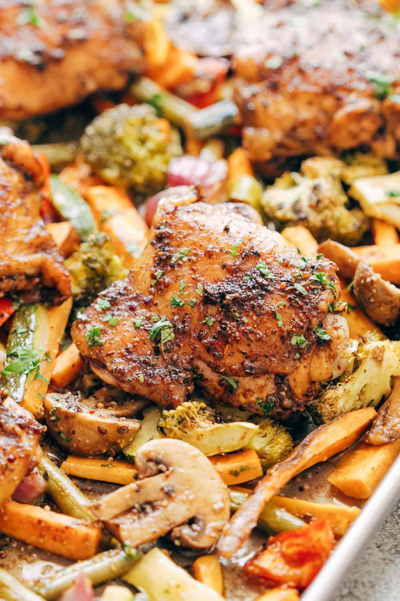 Close up of This sheet pan honey balsamic chicken thighs with the crispy skin