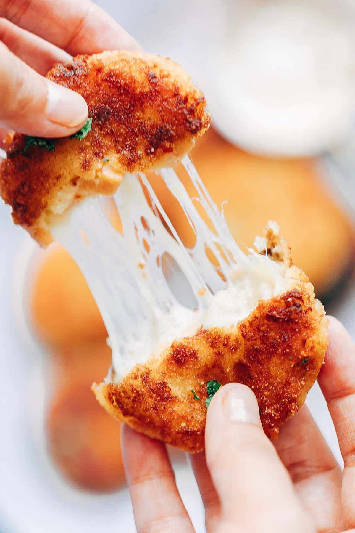 Picture of Leftover Mashed Potato Ham Cakes showing how cheesy these are!