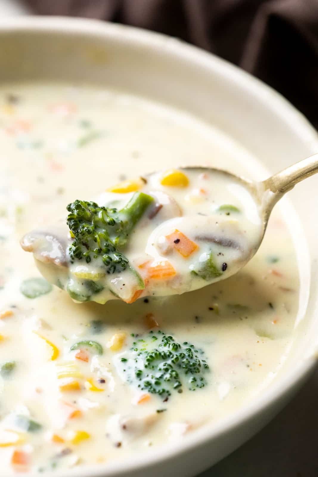 Closeup of a spoonful of soup being taken out of the bowl