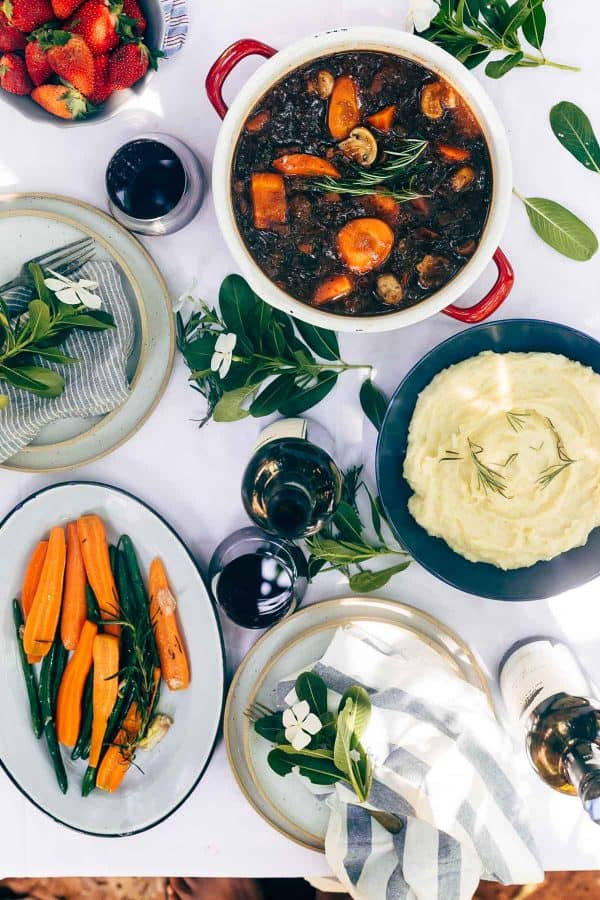 Pressure Cooker Beef Bourguignon maid out on a table