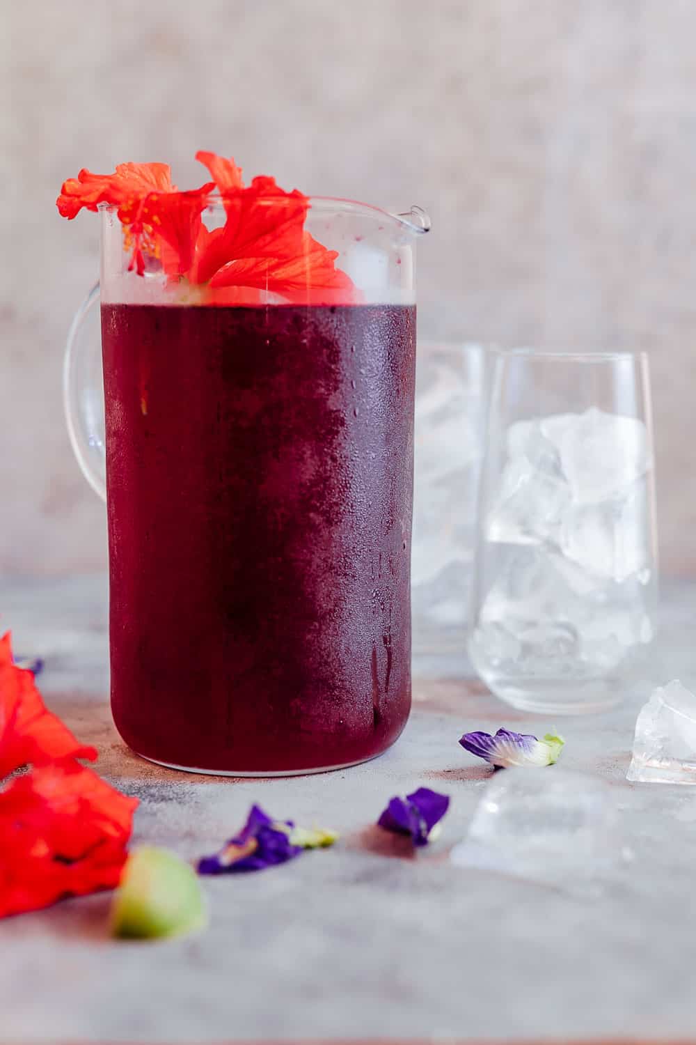 Learn how to make hibiscus tea which has some amazing benefits. Make this with either fresh or dried flowers and choose to have it as a hot cup of tea or as hibiscus iced tea because either way it's delicious and really good for you! #hibiscus #healthfood #drink #icedtea #summer #recipe Iced Hibiscus Tea served in a large jug with fresh hibuscus flowers