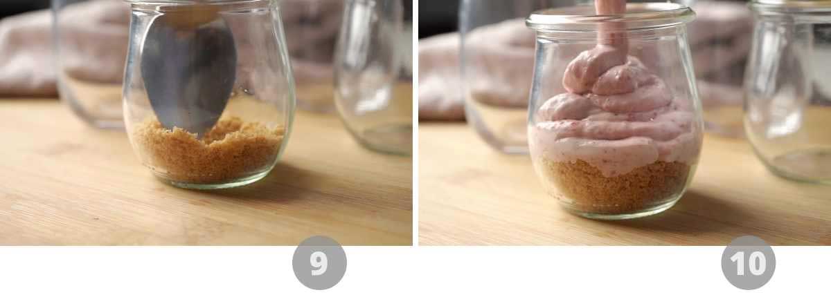 Picture collage showing how to make strawberry cheesecake step by step