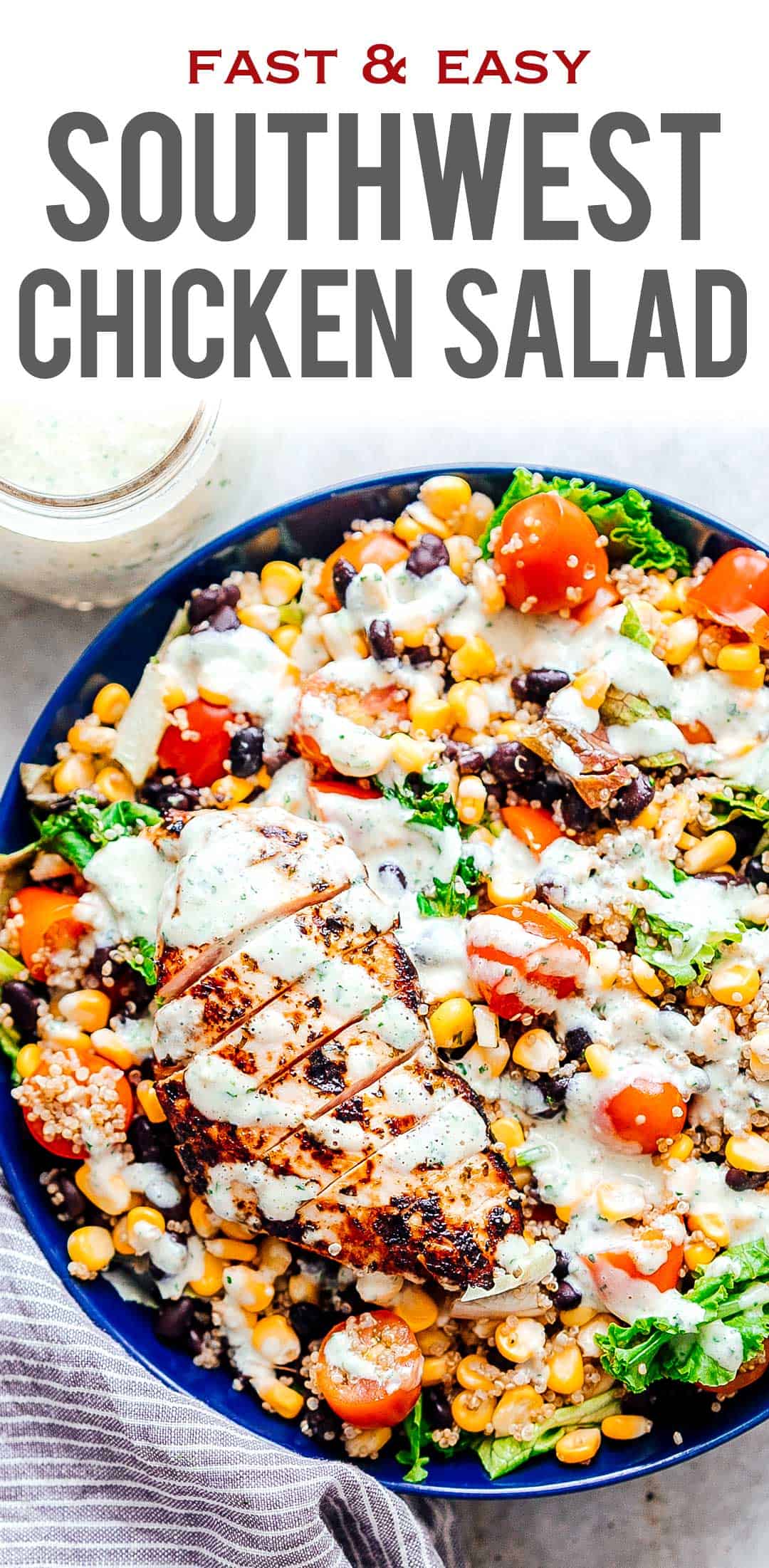 Southwest Chicken Quinoa Bean Salad is a hearty, delicious salad that's more like a meal. I have two dressing recipes for you to choose from - cilantro lime and a creamy southwest dressing with yogurt and sour cream. This salad recipe is a keeper for warm summer months! #salad #healthy #southwest #dinner Southwest Chicken Quinoa Bean Salad collage with text overlay