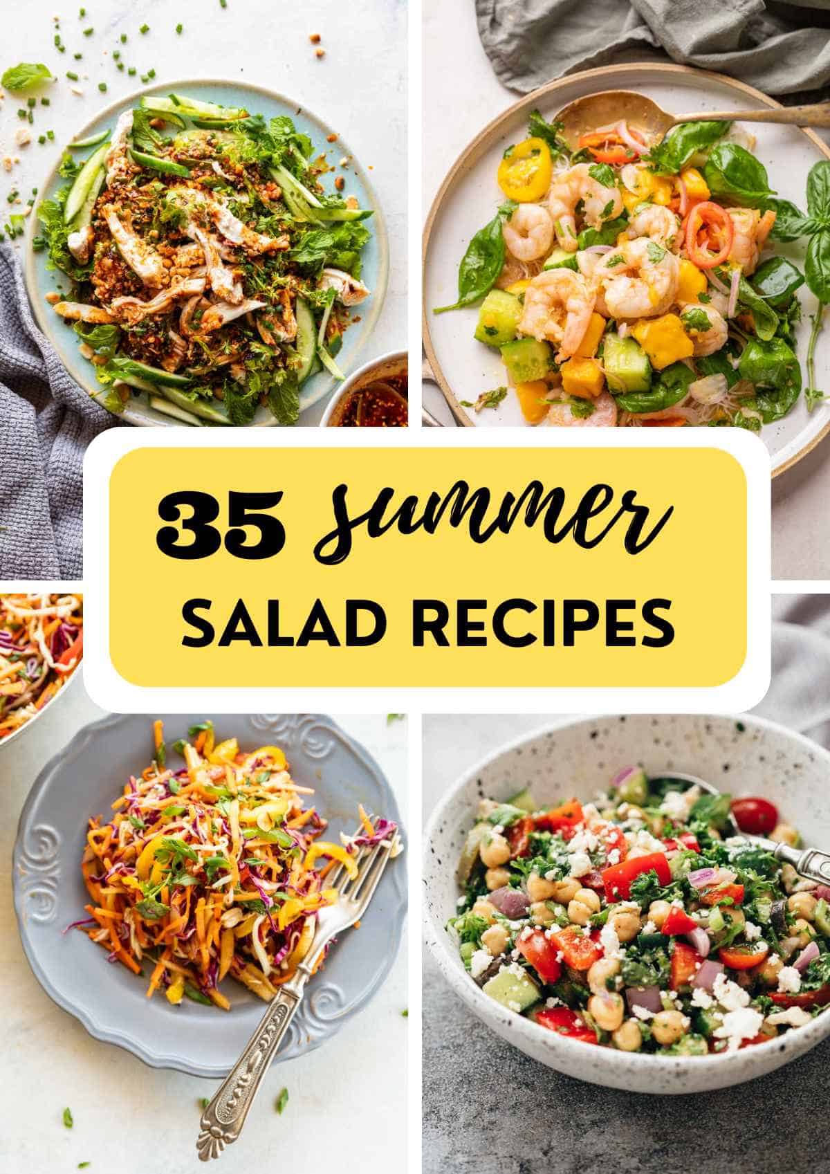 a picture collage of 4 summer salad recipes with text overlay