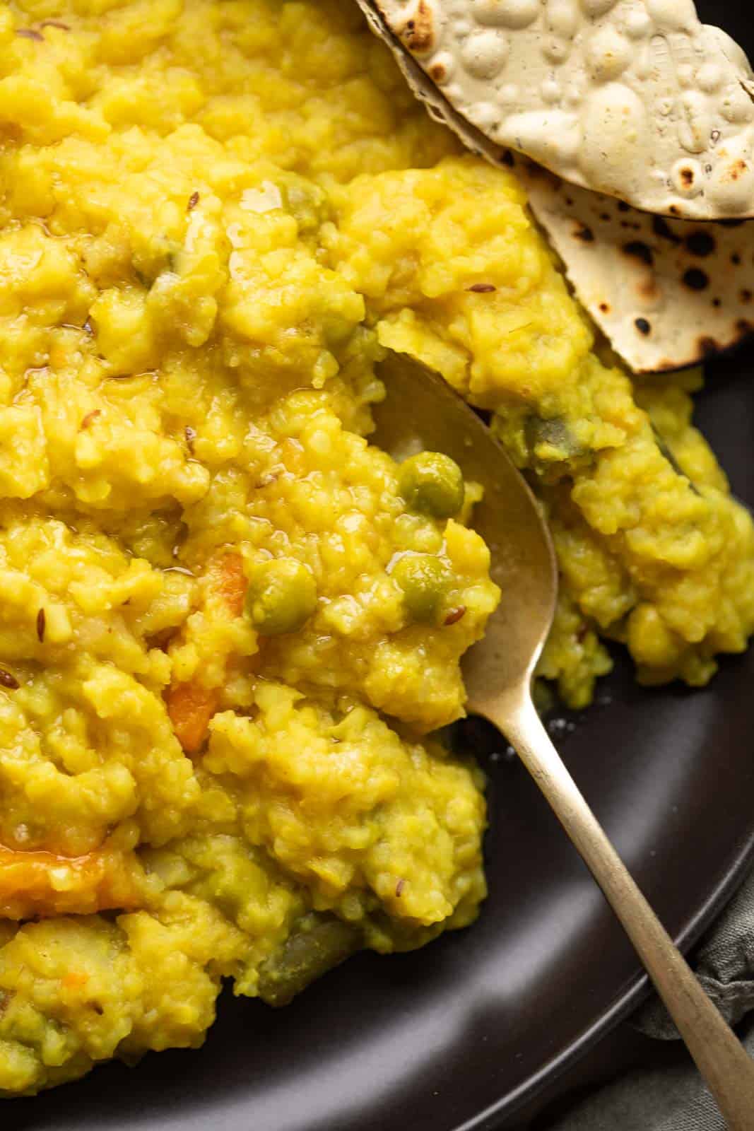 Closeup of khichdi in a spoon