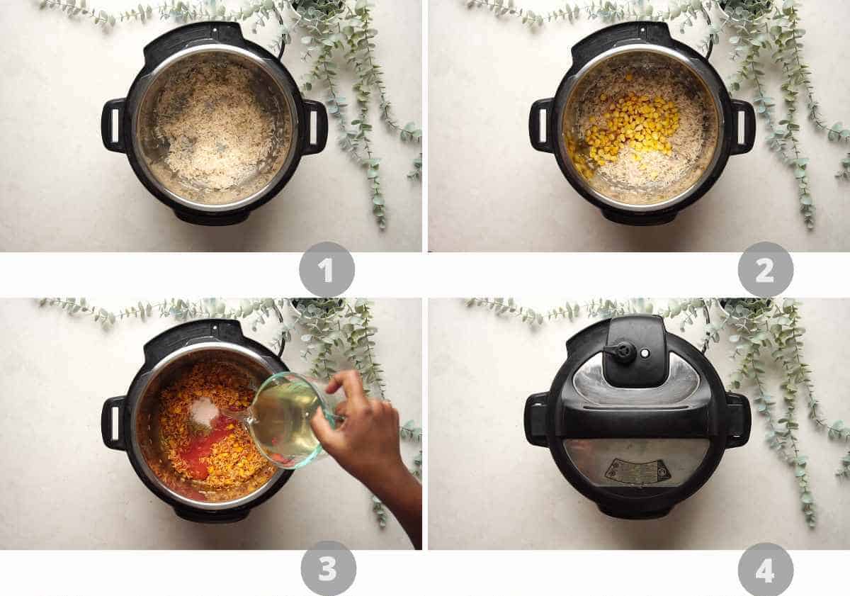 Step by step picture collage showing how to make IP Mexican Rice