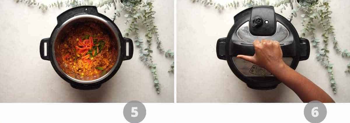 Step by step picture collage showing how to make IP Mexican Rice