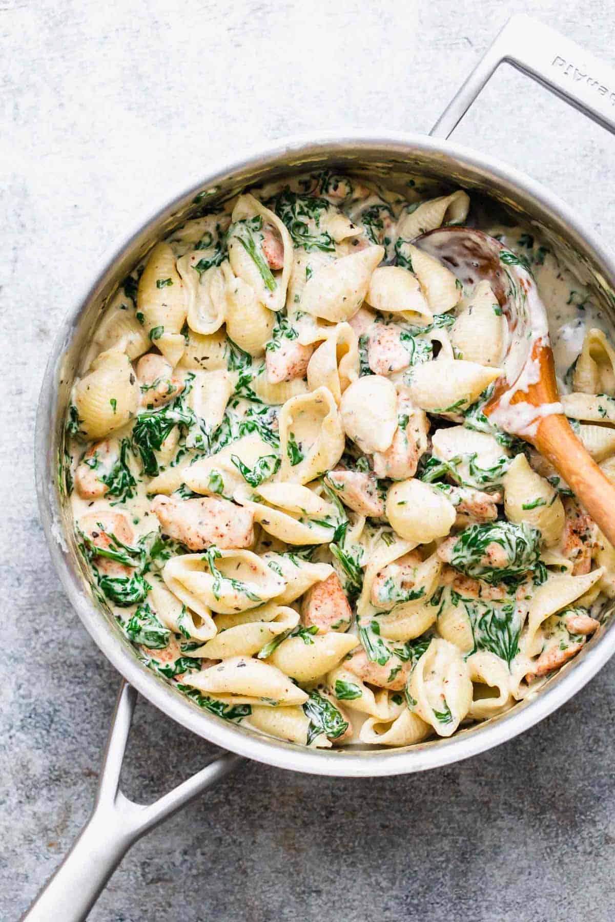 Creamy chicken florentine pasta served in a pan